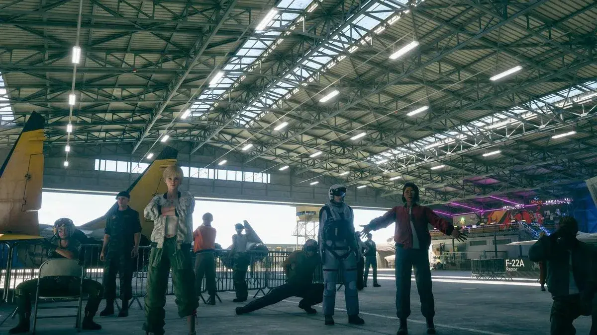 Player avatars gathered inside the ACE COMBAT 8 online air base hangar