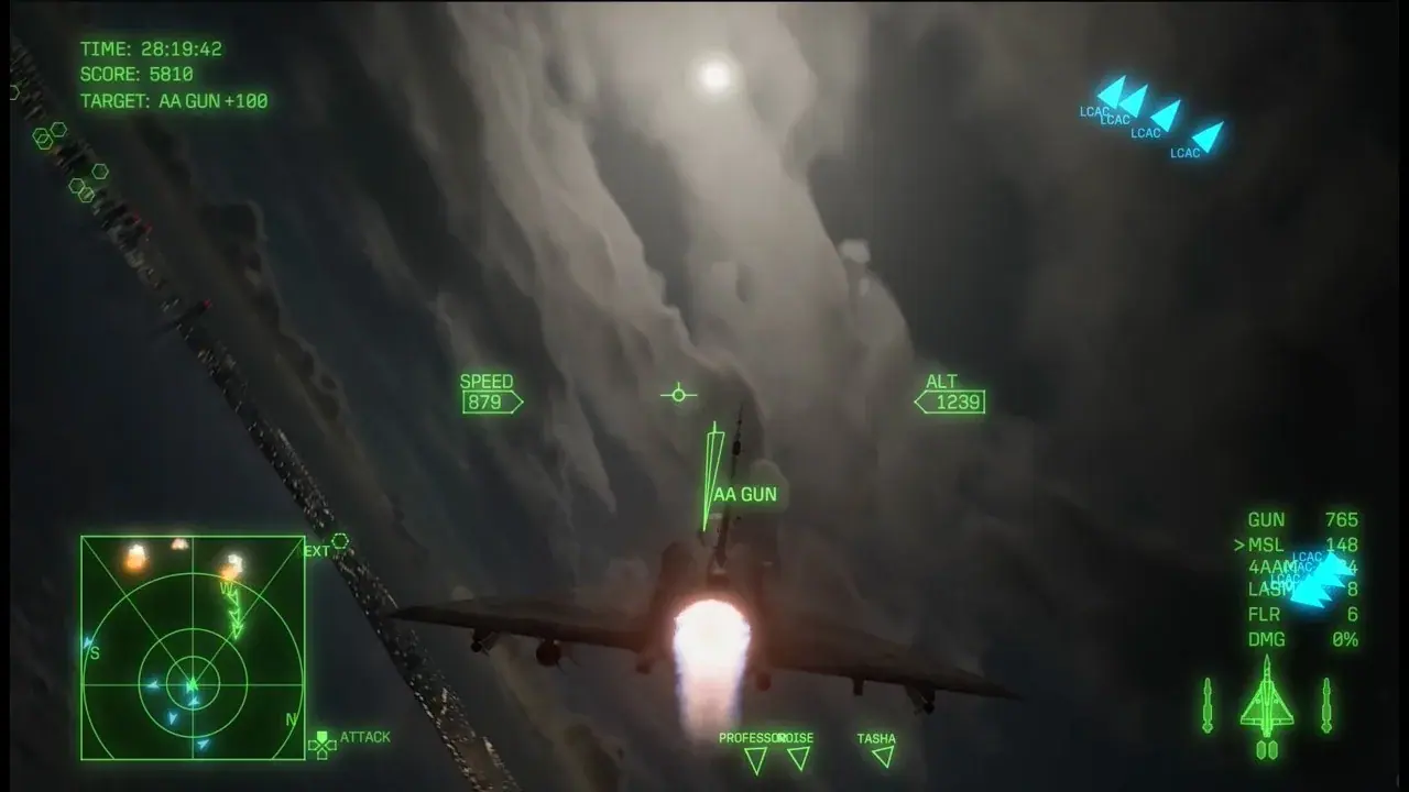 Campaign attack pass with an AA gun target, allied LCAC markers, and mission HUD