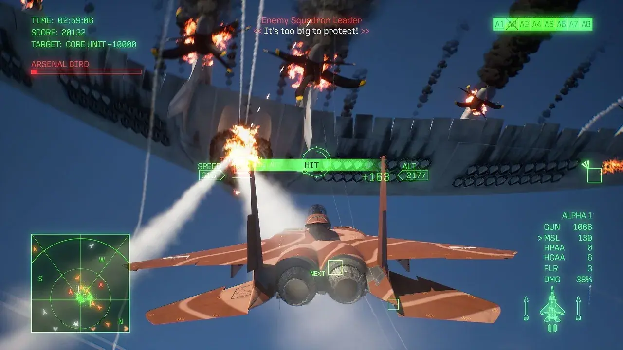Ace Combat Online Emergency Sortie against Arsenal Bird, with the core unit targeted and eight player slots visible