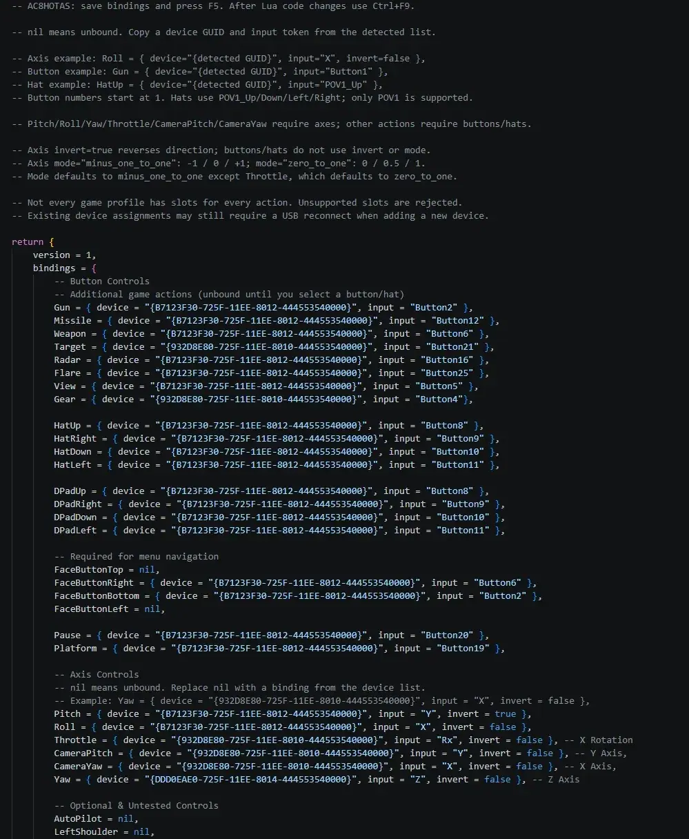 Bindings.lua configuration showing named flight actions mapped to joystick inputs