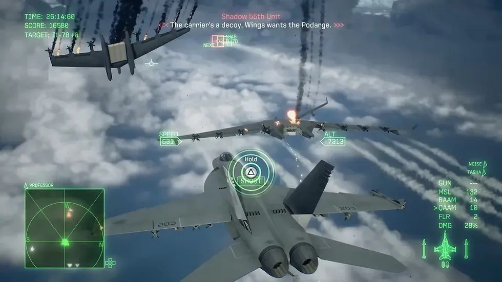 ACE COMBAT 8 combat view showing fighters attacking the large Podarge transport with multiple target markers