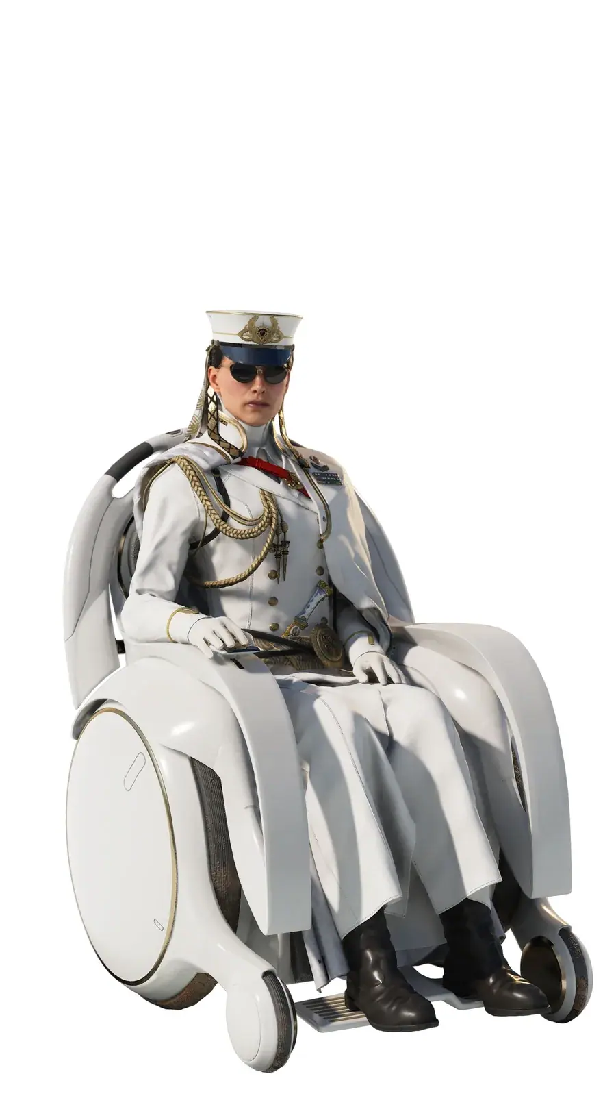 Full-body render of Carmille Tewy seated in her wheelchair and wearing white attire