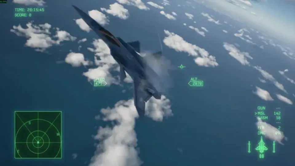 Ace Combat 8 fighter banking with the HUD speed reading 471 km/h