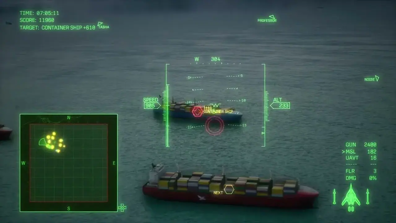 Mission 16 HUD view with container ships visible across the shipping lane.