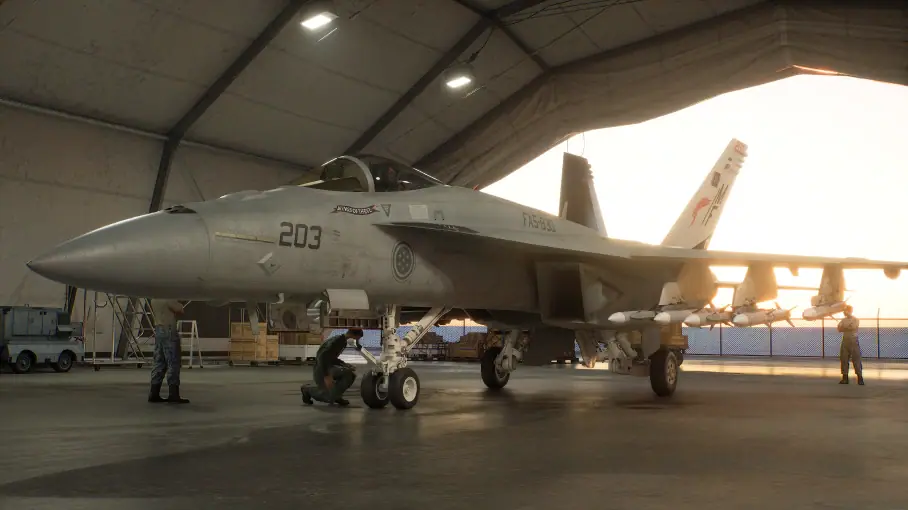 Fighter aircraft in a hangar in the official ACE COMBAT 8 Aircraft feature promotion