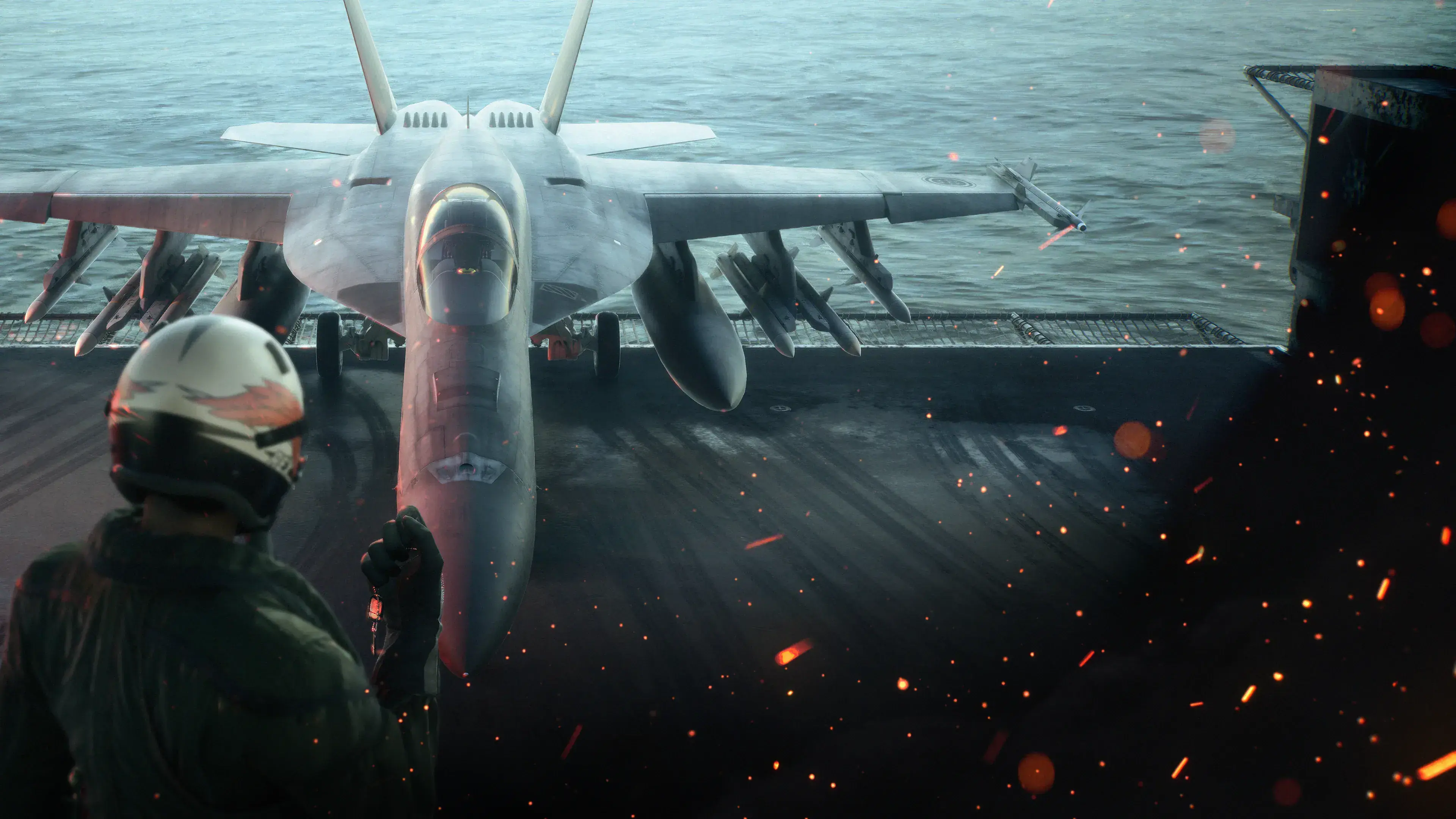 ACE COMBAT 8 official key visual of a pilot and fighter on a carrier deck